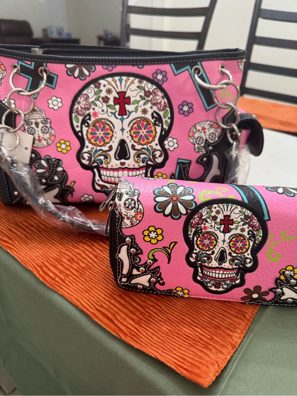 Pink Sugar Skull Shoulder Bag and Wallet Set